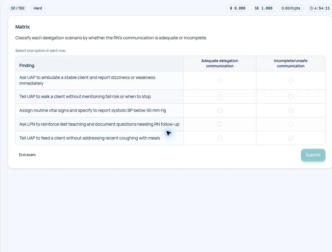 Real ENDPEAK CAT exam runner showing question position, timer and an NGN matrix item