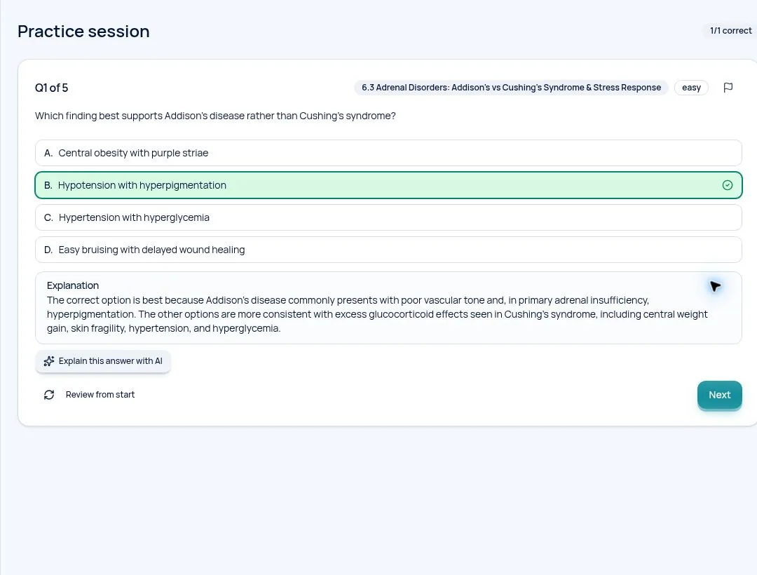 Real ENDPEAK QBank question interface with answer options and a timed practice session